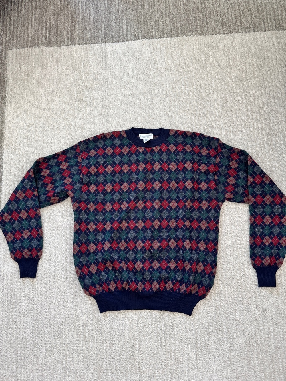 Argyle Crewneck Sweater in Navy with Red and Green Accents